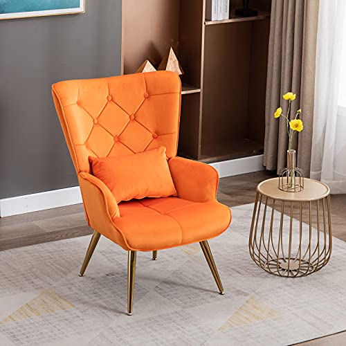 Artechworks Velvet Buttoned Accent Arm Chair With Golden Legs & Pillow, High Back Living Room Bedroom Chairs, Modern Leisure Chair For Living/Dining/Lounge Room,Office,Orange Color #TOP1