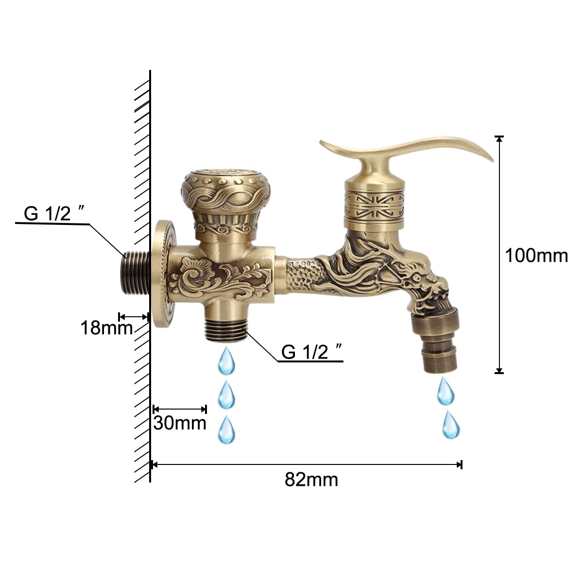 Rubinetto Giardino Doppia Uscita, Antico Maniglia a Leva in Ottone Lavanderia G1/2 Doppio Bagno Lavatrice Rubinetto Acqua Fredda montato a parete per Giardino Esterno (B)