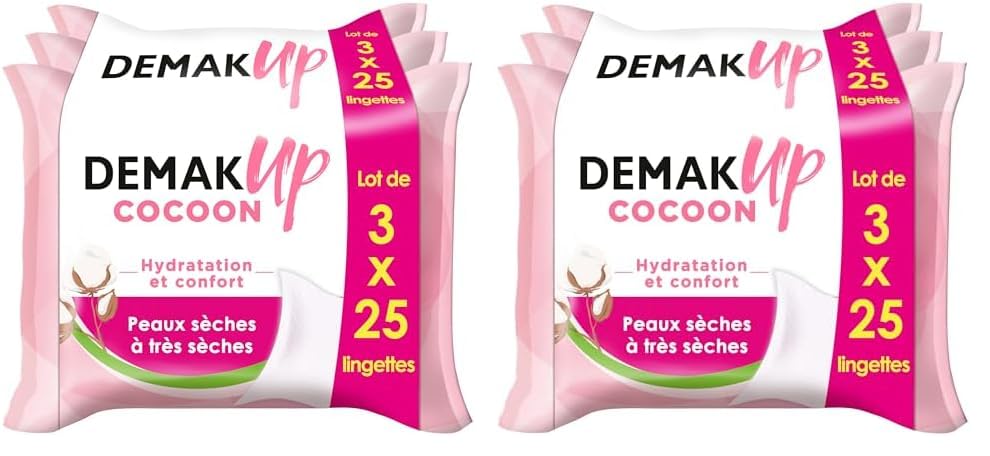 Demak'Up Cocoon Lingettes à démaquiller - Visage et Yeux - Peaux Sèches à Très Sèches - 3x25 Lingettes démaquillantes (Lot de 2)