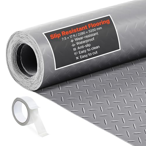 VEVOR Rollo de Suelo de PVC para Garaje, 2,28 x 5,2 m, con Placa Diamantada de 2,2 mm de Grosor, con Cinta Adhesiva de Doble Cara, Antideslizante, Ideal para Almacenes y Gimnasios, Gris Plata