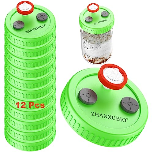 Mushroom Jar Liquid Culture Lid Wide Mouth Rejular Mouth Food Grade Plastic Mason Jar Lid with PTFE Membrane & Self Healing Injection Ports For Mushroom By ZHANXUBIO (12Pcs-Green)