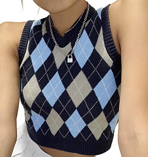 Crop Tank Tops for Women Sweater Vest Argyle Plaid Sweaters Vintage Sleeveless Preppy Style Blue Large