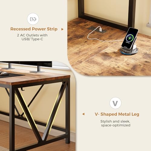 Image of L Shaped Gaming Desk with Drawers, Corner Computer Desk with LED Tempered Glass Display Cabinet, Shaped L Office Desk with Charging Station and Fabric Drawer, PC Desk for Gaming and Office, Brown