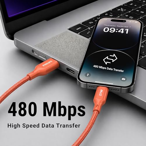 Image of PHILIPS DLC4130LR /94 27W iPhone Original Type-C to Lightning Fast Charging Cable (1m, Coral Reef) | MFi Certified | 480Mbps Data Sync | Nylon Braided | Compatible with iPhone & Other Lightning Devices