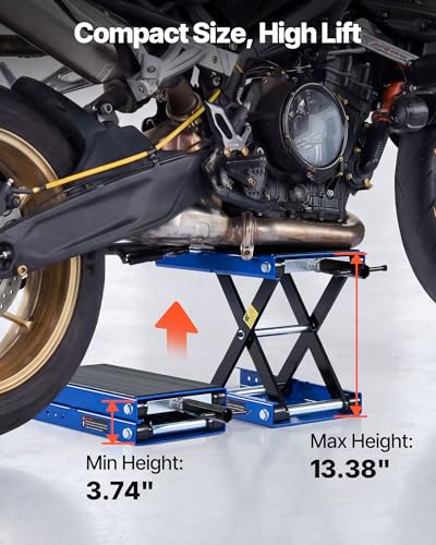 Image of VEVOR Motorcycle Lift, 1100 lbs Motorcycle Scissor Lift Jack with Wide Deck & Lock Pin, 3.74 inch-13.38 inch Center Hoist Crank Stand, Steel Scissor Jack for Street Bikes, Cruiser Bikes, Touring, Blue /Black