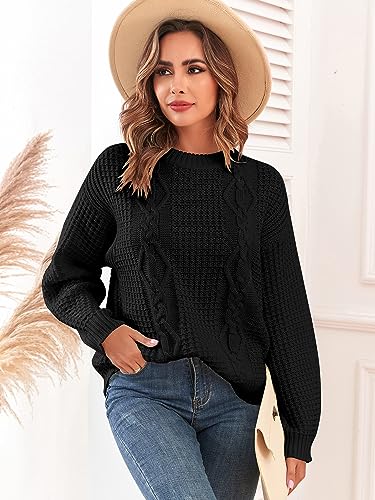 Image of ZAFUL Womens Sweater Cable Knit Oversized Sweaters Crewneck Long Sleeves Casual Knit Pullover Tops