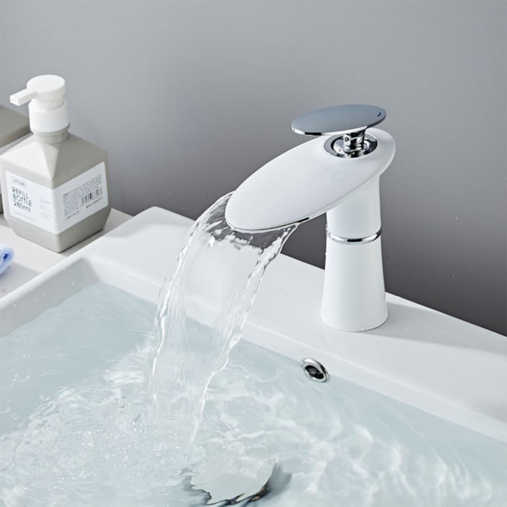 Wasserhahn Bad Wasserfall Waschtischarmatur Moderner Stil Messing Einhebel Mischbatterie Waschbecken Armatur, Badarmatur Waschtischbatterie Badezimmer, Weiß