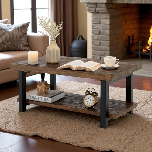 Pomona 42-Inch Rectangular Solid Wood Coffee Table with Storage Shelf & Metal Legs – Rustic Industrial Farmhouse Living Room Table by Alaterre Furniture (Rustic Natural)