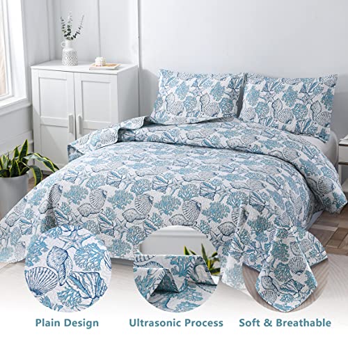 Tigona 3 Pcs Ocean Quilt Set King Size Lightweight Beach Bedspread Microfiber Marine Coverlet Coastal Bedding Seashell Starfish Seaweed Bed Set Nautical Home Decor - Image 2