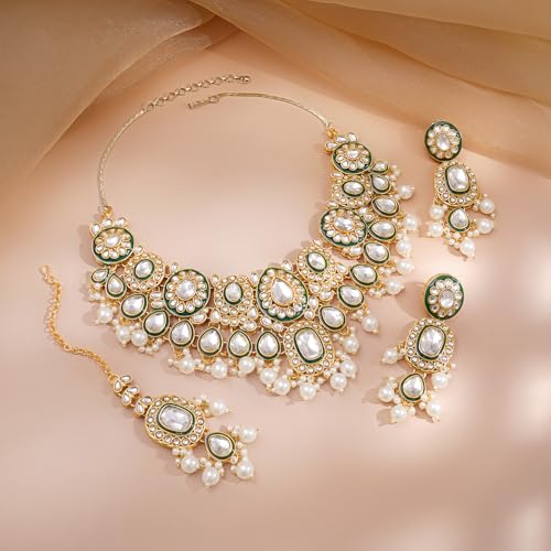 Image of Rubans Necklace Maangtikka Set Gold Plated Kundan & Pearl Jewellery Gift for Women & Girls
