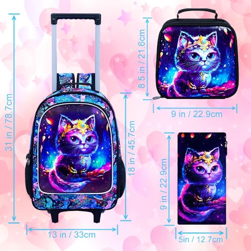 Image of CCJPX 3PCS Rolling Backpack for Girls, Kids Cat Roller Wheels School Bookbag with Lunch Bag, Wheeled School Bag for Toddler Elementary Children