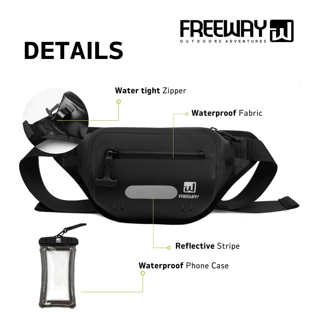 Riñonera impermeable de alta calidad para deportes acuáticos, 100% impermeable con tira reflectante, ideal para esnórquel, kayak, surf, navegación y remo, cinturón de cintura ajustable, Negro -,