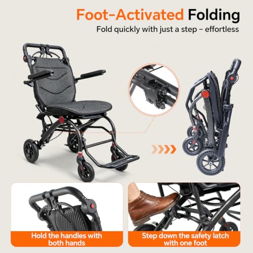 Image of SOFTFISH Transport Wheelchair with Ergonomic Seat & Adjustable Caregiver Handle, 1s Foot-fold Wheelchairs for Adults with Pull Rod, Foldable Armrest & Footrest, Travel Transport Chair for Seniors