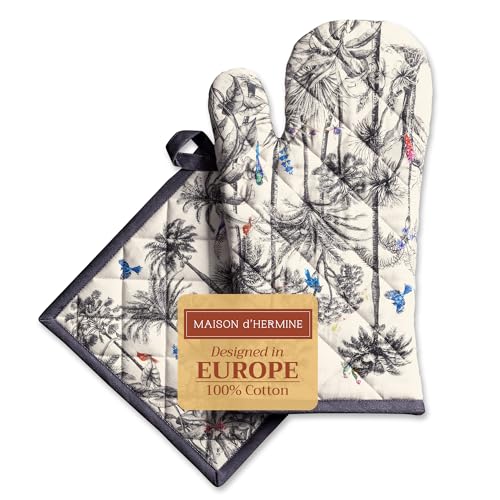 Maison d' Hermine 100% Cotton Oven Mitt & Pot Holder Set (19 x 33 cm & 20 x 20 cm) Heat Resistant BBQ Cooking Gloves with Loop for Christmas Decorations Baking Handling Hot Pans (Amazonia)