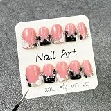 Handmade Square Nails Press on Black French Tip Fake Nails with Rhinestone & Flower Designs Muti-Layer Gel Acrylic Nail Kit Full Cover False Short Stick on Nails for Women (Size M)