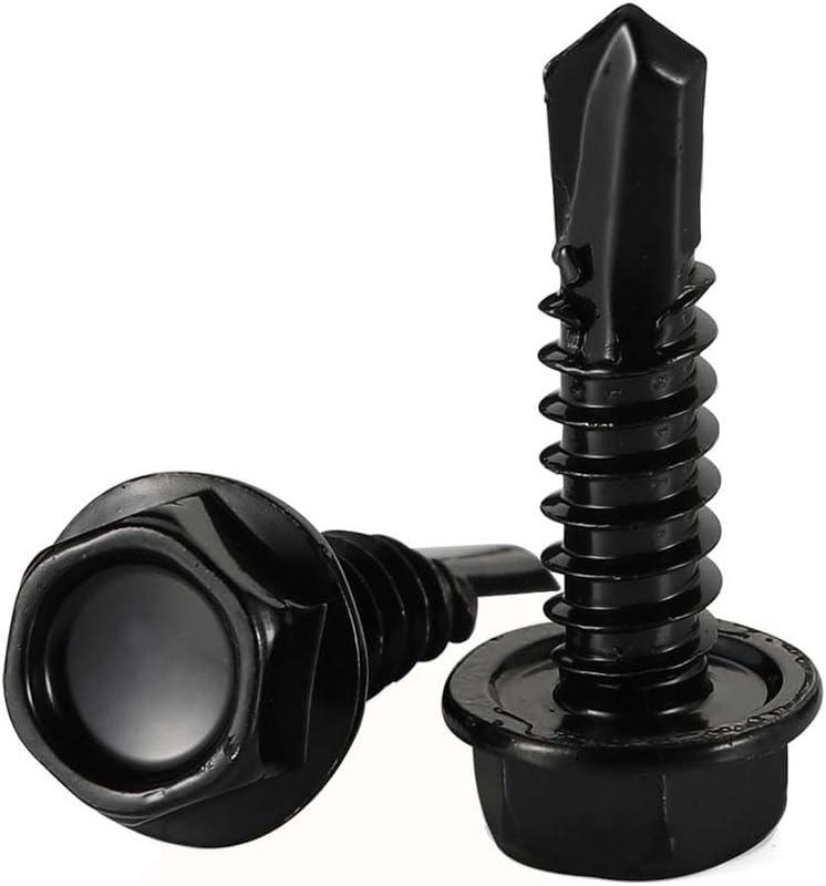 #14 x 1" (3/4" to 4" Available) Hex Washer Head Self Drilling Sheet Metal Tek Screws with Drill Point, Stainless Steel 410, Black Oxide, 50 PCS