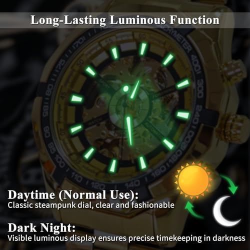 Gute Mens Watches, Mechanical Skeleton Stainless Steel Waterproof Automatic Self-Winding Watch for Men, Luxury X Dial Steampunk Wrist Watch