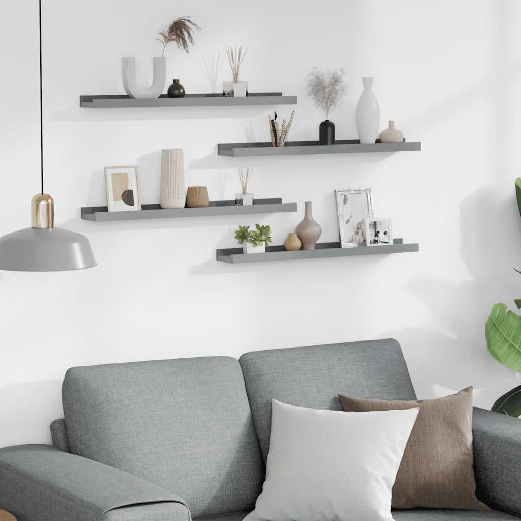 Set of 4 Grey MDF Floating Wall Shelves 23.6 x 3.5 x 1.2 Inches for Living Room Bedroom Storage with Matte Finish and Included Hardware