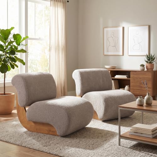 Image of Christopher Knight Home Cubis Low Profile Accent Chair Set of 2, Modern Living Room Armless Lounge Chair, Boucle Upholstered Reading Chair, Wooden Frame and Thick Padded Seat, Dark Beige