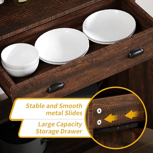 DWVO 72'' Tall Farmhouse Kitchen Pantry, Rustic Wood Kitchen Storage Cabinets with Adjustable Shelves & Drawer, Freestanding Cupboard for Dining Room, Living Room, Rustic Brown Oak