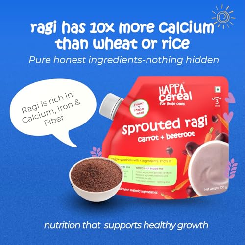 Image of Happa Ragi Cereal for Babies | Sprouted Ragi Carrot Beetroot & Almond Dates Combo | No Sugar, Oil, Milk Powder, Flavours or Colours | Traditional Porridge Recipe | Cooks in 3 Minutes | Stage 2 (6 Months+) | 200g Pack