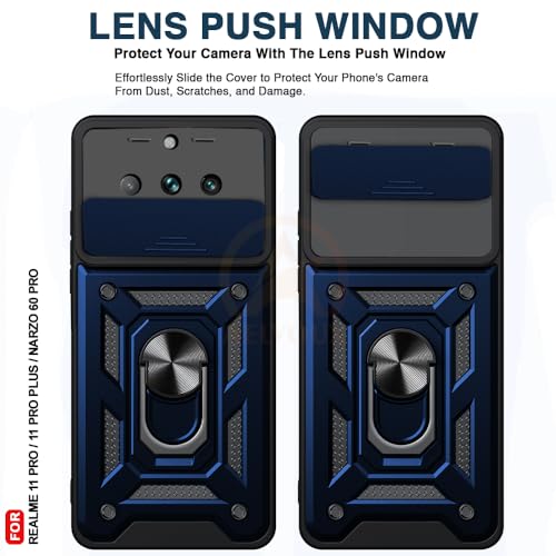 Image of Armor Bumper Back Cover Case for Realme 11 Pro /Pro Plus /Narzo 60 Pro Rotating Camera Cover, Ring Holder & Kickstand | Heavy Duty & 360 Degree Protection Back Cover (Blue)