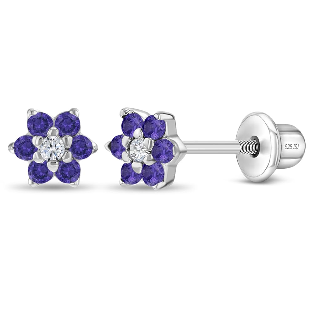 In Season Jewelry925 Sterling Silver Kids Earrings with 5mm Flower & Screw Backs for Young Girls - Dainty CZ Flower Screw Backs for Toddlers and Little Girls - Cubic Zirconia Floral Studs for Children