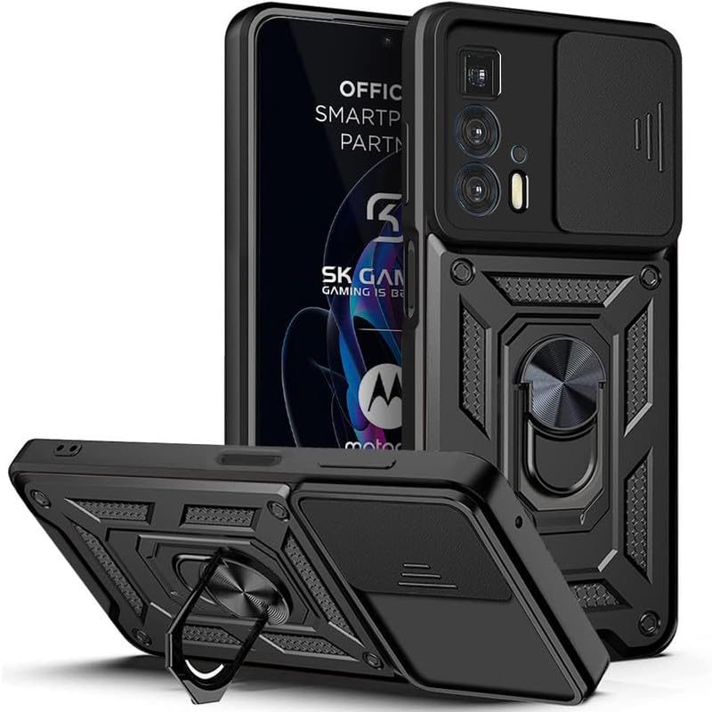 Image of SkyTree Motorola Edge 20 Pro, Robotic Sliding Camera Window Shock Proof Thunder Case, Dual Layer Hybrid Shockproof Back Cover Case with Kickstand for Motorola Edge 20 Pro - Black