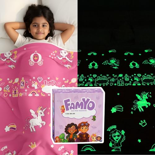 Image of Famyo GlowMaxx Glow Blanket for Kids - June the Unicorn | Glow in Dark Soft Flannel Double Bed Blanket 200x152 cm | Winter Blanket for Kids | Lab-Tested & Safe (Pink)