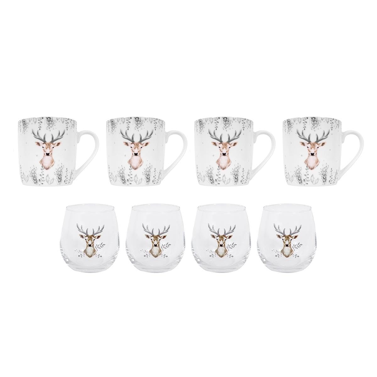 YöL 4 Christmas Glass Tumblers & 4 Coffee Mugs Stag Design Cup Xmas Table Decor