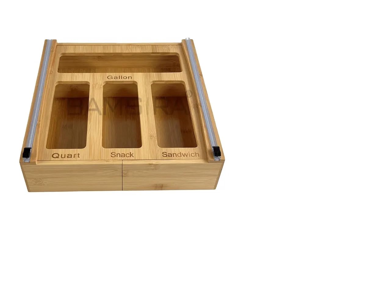 Ideale Ziplock Organizer With Plastic Wrap And Foil, Foil Organizer, Wrap Organizer With Cutter,Bamboo Organizer, Bamboo Wrap Dispenser, Foil Storage Organizer, Ziploc Bag Organiszr