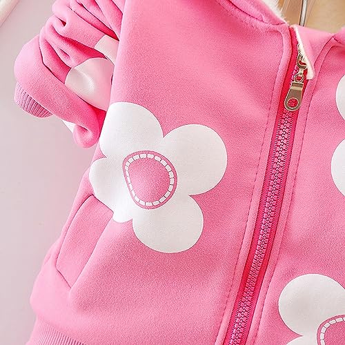 Girl Autumn Winter Clothes Long Sleeve Floral Zipper Hoodie Wool Lined Jacket Pants Toddler Warm (Hot Pink, 4-5 Years)3
