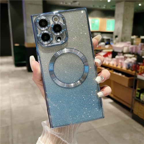 Coque magnétique iPhone 16 Pro Max bleue pailletée antichoc étui de luxe
