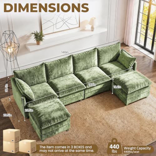 Image of LEVELEVE 146 inch U-Shape Modular Sofa with 2 Ottomans, Deep Seat Cloud Convertible Sleeper, 2 Arm Pillows, Comfortable Large Upholstered Furniture for Living Room Apartment, Green
