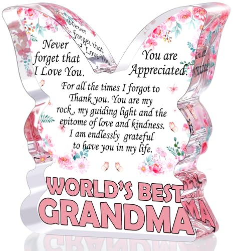 Grandma Gifts Birthday Gifts for Grandma Grandmother Gift Ideas from Grandson Granddaughter Unique Christmas Mothers Thanksgiving Day Gifts Worlds Best Grandma Ever Gifts Butterfly Acrylic Plaque