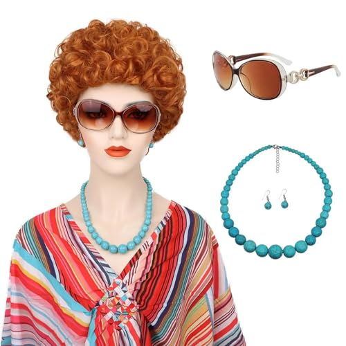 Perruque rouge bouclée 4 pièces avec coupe courte ondulée orange pour costume de propriétaire