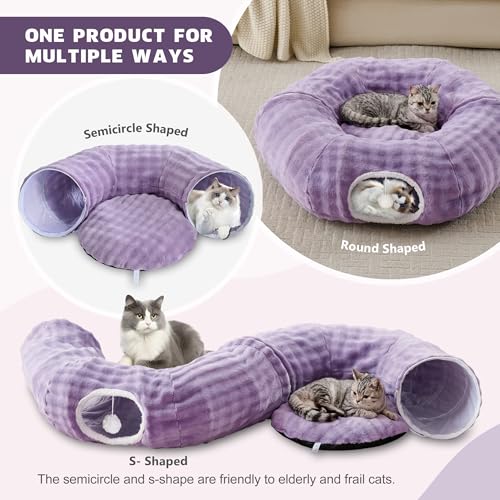 Image of Bubble Cat Tunnel for Indoor Cats, Round Peekaboo Cave Toy with Dangling Balls, Donut Tunnel Bed with Circle Mat for Puppy Kitten Rabbit, Dusty Purple