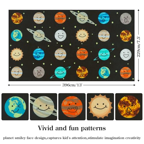 Image of STARUIA Classroom Rug with Planet Smiley Face, 7.5x13 Educational Circle Time Rug for Preschool Daycare Seating Spots, Non-Slip Classroom Carpet Kid Rugs for Playroom and Teaching, Seats 24, Black