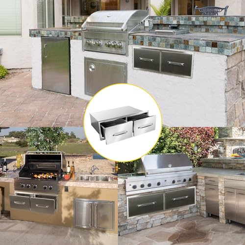 Image of Outdoor Kitchen Drawers 30 inch W x 10 inch H x 20 inch D Flush Mount Horizontal Double Drawers with Chrome Handle,Stainless Steel Built-in BBQ Drawer for Outdoor Kitchen Island, Patio Grill Station