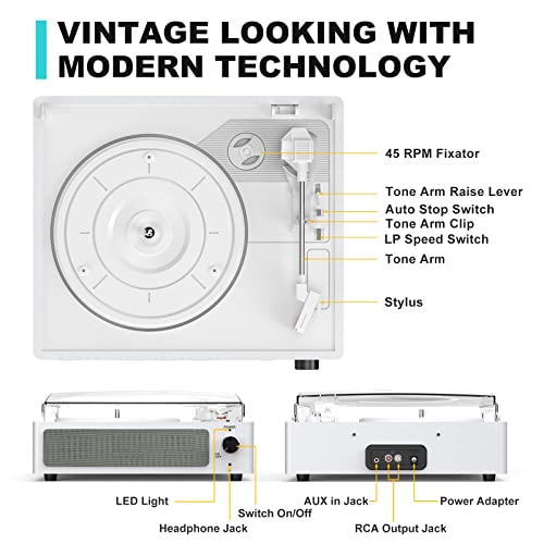 Image of Vinyl Record Player with Speakers Vintage Turntable for Vinyls Records, Belt-Driven Turntable Support 3-Speed, Wireless Playback, Headphone, AUX-in, RCA Line LP Vinyl Players for Sound Enjoyment White