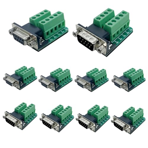 Willwewon 10PCS (5PCS Male 5PCS Female) DB9 Solderless Connector, RS232 D-SUB Serial to 2 Row 9-pin Port Terminal Adapter Breakout Board with Nuts