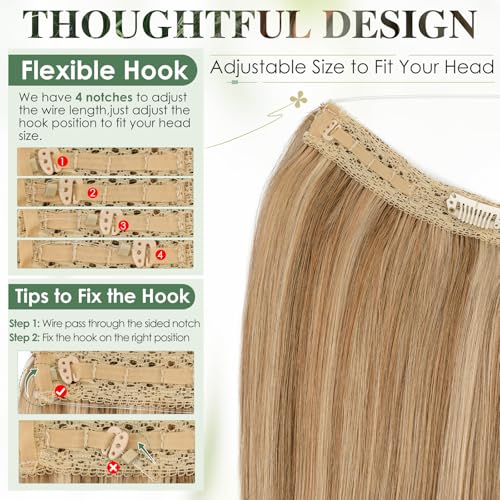 Elailite Secret Wire Clip in Hair Extensions Real Human Hair on Wire One Piece Invisible Headband Extension Straight (#12/613 Golden Brown Mix Bleach Blonde - Image 4