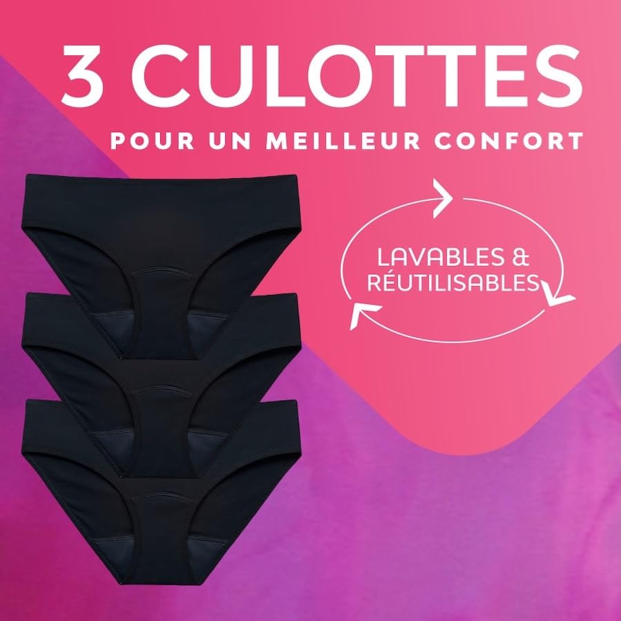 Nana Culotte Menstruelle Lavable Coton Bio - Flux Abondant - Noir - Coupe Hipster - M x3