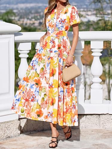 Image of BTFBM Womens Summer Floral Maxi Dresses V Neck Short Sleeve Boho Casual Flowy Long Wedding Guest Dress Beach Vacation