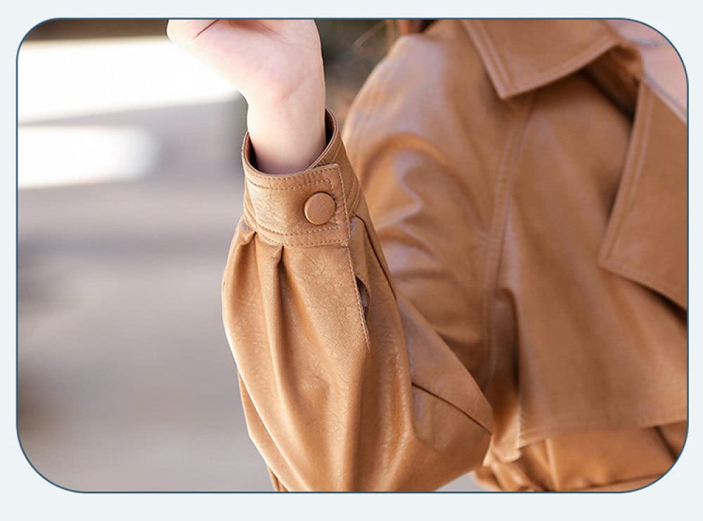 Chaqueta Mujer Primavera,Gabardina Corta De Piel Sintética Para Mujer, Chaqueta Marrón Con Broche De Solapa Y Cinturón, Moda De Manga Larga, Ajustado, Moto Biker, Abrigo De Pu, Bombardero, Prenda