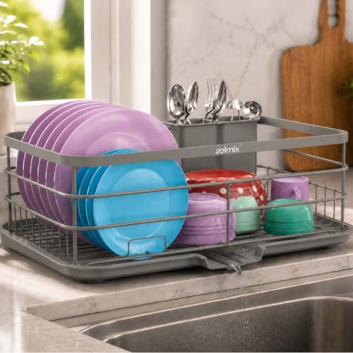 Image of ZOLMIX Dish Drying Rack, Dish Drainer Basket with Drainer Tray, Utensils Drying Rack Anti-Rust Detachable Cutlery Holder, Bartan Basket with Drain Tray, Kitchen Utensils Organizer, Grey (42x32x13 CM)
