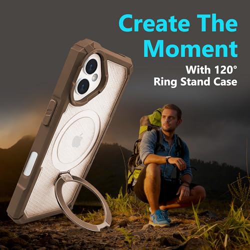 Image of AIBEX Transparent Back Cover Compatible for iPhone 16 Plus| Mag-Saf Magnetic Ring Kickstand | Shockproof Dual Layer Military Grade Drop Protection Armor Case| Wireless Charging Support - Brown