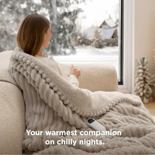 Image of Bedsure Thick Heated Blanket Electric Throw XL, Fast Heating, Linen 50 inchx70 inch