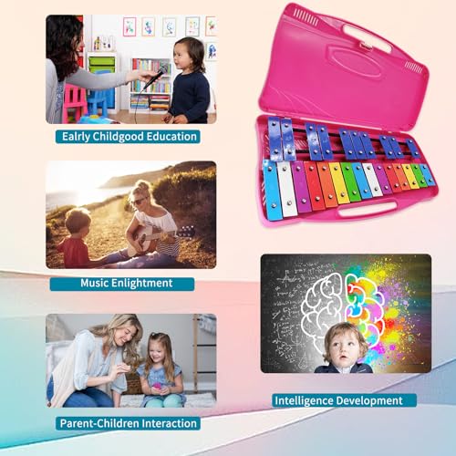Image of Xylophone Instrument for Kids 25 Notes Metal Glockenspiel Xylophone Percussion with Case Two Safe Mallets, Perfectly Tuned Musical Instrument Toddlers Adult Music Teaching, Gifts(Pink)