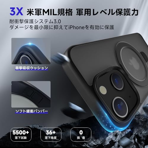 iPhone15/14 用 ケース リング付き【スタンド機能！MagSafe対応】米軍耐衝撃 永久磁石 リング マグネット搭載 縦横両対応 スタンド内蔵 半透明 ワイアレス充電 黄変防止 レンズ保護 iphone15 用 ケース 6.1インチ(ミッドナイト)